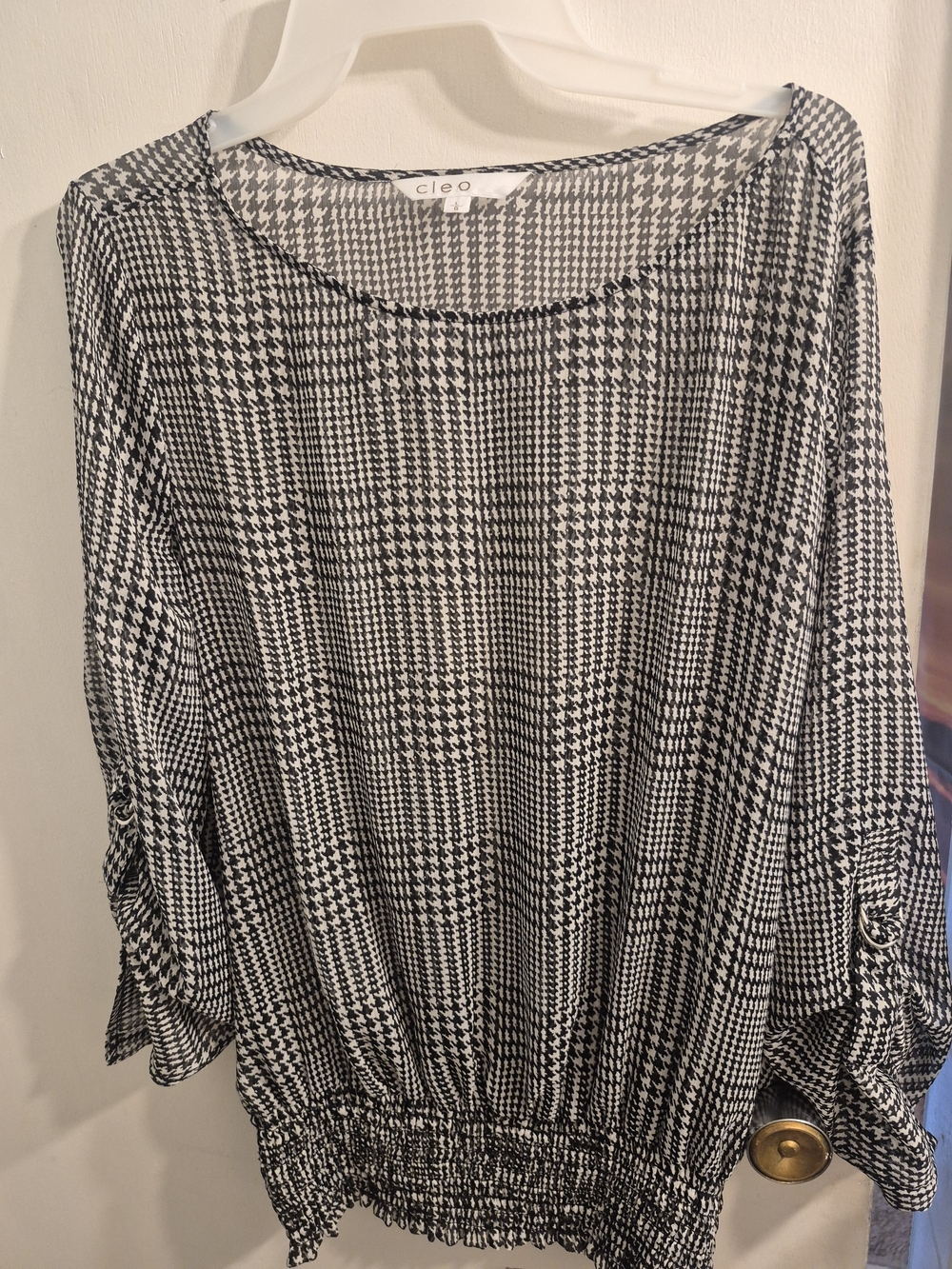 cleo Black & White Houndstooth Ruched Sleeve Blouse